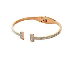 Luxury Brand Double T Shape Cuff Bracelets For Women Men Charm Glue Rhinestone Stainless Steel Bangles Friend Jewelry Gift9787003