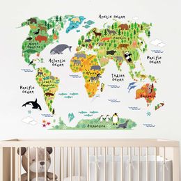 92x70cm Cartoon Animals World Map Wall Stickers for Kids Room Baby Nursery Room Wall Decals Reading Room Kindergarten Stickers
