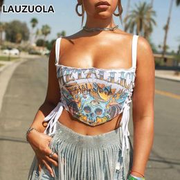 Women's Blouses Shirts Sexy Cross Lace Up Skull Cartoon Print Crop Top 2023 New Fashion Streetwear Women Sleeveless Vest Tops Tees YQ231213