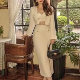 Work Dresses Elegant Ladies Knitted Skirt Set Vintage Deep V Long Sleeve Loose Coats Spring 2023 High Waist Solid Knit Suit For Women