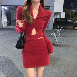 Work Dresses Pure Sexy Girl Knitted Suit Women's Autumn/Winter Plush Turn-down Collar Top Mini Skirt Two-piece Set Fashion Female Clothes