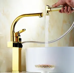 Kitchen Faucets Gold Plated Stretched Faucet Pull Down Sink Mixer Rotated Bathroom Basin Cold Copper Long Wash