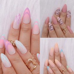 False Nails 24pcs Detachable Full Cover Black Lines Pink Flame DIY Almond French Long Fake