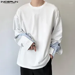 Men's T Shirts Men Shirt Striped Patchwork Loose O-neck 2023 Long Sleeve Casual Clothing Streetwear Korean Style Tee Tops S-5XL INCERUN