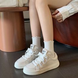 miui Family Elevated Casual Best-quality Board Thick Shoes Sole for Women 2024 New Versatile Round Headed Lace Up Genuine Leather Little White Shoes Bread Shoes