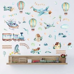 Hand Paint Watercolour Cartoon Aeroplane Train Wall Stickers Hot Air Balloon Stickers for Kids Room Nursery Decoration Wall Decals