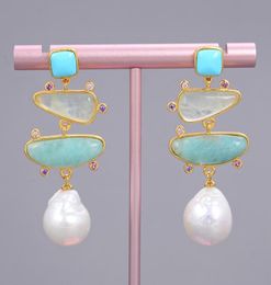 GuaiGuai Jewelry Freshwater White Pearl Blue Turquoise Green Amazonite Dangle Stud Earrings For Women Real Gems Stone Lady Fashion9853592