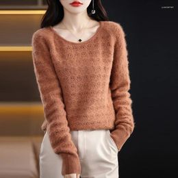 Women's Sweaters Women Mink Cashmere Sweater Scoop Neck Hollow Out Pullover Autumn Winter Fashion Casual Knit Bottoming Top