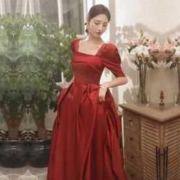 Ethnic Clothing Women Burgundy Satin Long A-line Wedding Dresses Formal Square Neck Floor Length Party Gown