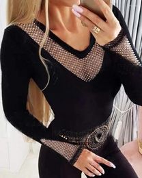 Women's T Shirts 2023 Women Rhinestone Decor Hollow Out Top V Neck Long Sleeve Sexy Skinny Black See Through Blouse Pullover T-Shirts