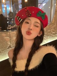 Berets Christmas- Year Red Wool Beret Women's Autumn And Winter Warm Versatile Artist Hat