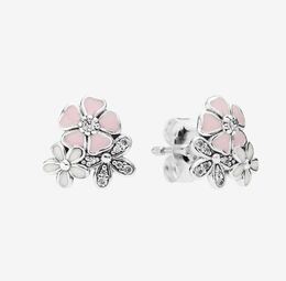 Pink flowers Stud Earrings Beautiful Women Girls Gift Jewelry with Original box for 925 Sterling Silver CZ diamond Earring set9836292