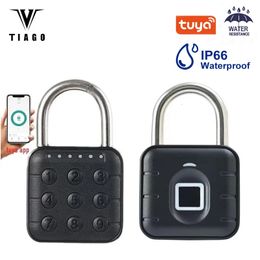 Door Locks Tuya Smart Fingerprint Padlock IP67 Waterproof Button Cabinet Lock Gym Wardrobe Password Digital Electronic 231212