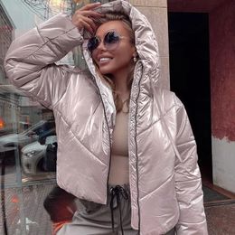 Women s Jackets Fashion glossy bright face long sleeved hooded cotton jacket for fall winter zipper thickening warm casual women 231213