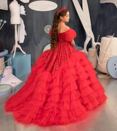 Girl Dresses Elegant Red Flower For Wedding Guest Kids Bridesmaid Sequined Tulle Princess Party Gown First Communion Dress