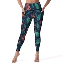 Women's Leggings Green Leaf Sexy Red Flowers Print Workout Yoga Pants Push Up Stretch Sport Legging With Pockets Fashion Graphic Leggins