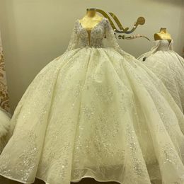 Stunningbride 2024 requintado brilhante sexy com decote em v apliques rendas manga longa vestido de baile vestido de casamento luxo frisado princesa vestido de noiva