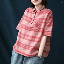 Women's Blouses 2023 Summer Arts Style Women Loose Casual Turn-down Collar Striped Shirts Short Sleeve Cotton Linen Femme Tops S772