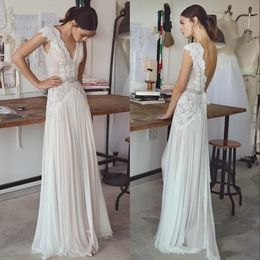 Boho Wedding Dresses 2023 Bohemian Wedding Gowns with Cap Sleeves V Neck Open Back Pleated Skirt Elegant A line Bridal Gowns