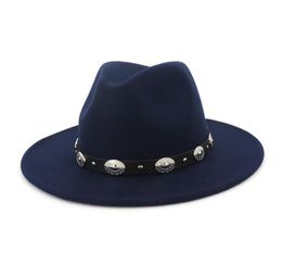 Trend Rivet Belt Decor Plain Wool Felt Jazz Fedora Hat for Men Women Unisex Flat Brim Panama Gambler Hats Caps Gentleman Trilby5717928