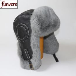 Trapper Hats Winter Men Keep Warm Real Rabbit Fur Bomber Hat Natural Quality Caps Unisex Sheep Leather With Ear Protection 231213
