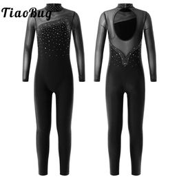 Dancewear Girls Kids Long Sleeve Rhinestone Ballet Dance Leotard Sport Workout Bodysuit Jumpsuits Dancewear 231213