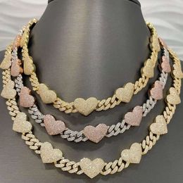 Diamond 12mm Heart Cuban Eternity Necklace Available in White-rose-ywllow Gold Cuban Link Chain
