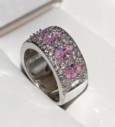 Women039S Fashion Jewellery 925 Sterling Silver Oval Cut Pink Topaz CZ Diamond Eternity Women Wedding Engagement Band Ring For Lo9439053