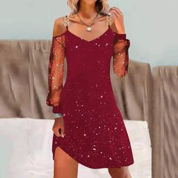 Casual Dresses Women's Fashion Glitter Contrast Mesh Drop Off Shoulder Solid Long Sleeve Daily Mini Dress Elegant Vestidos