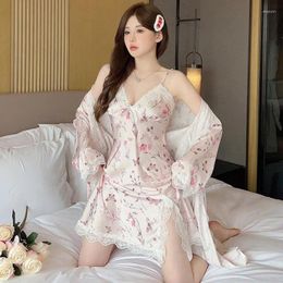 Women's Sleepwear 2Pcs Silky Satin Robe Suit Print Women Kimono Nightgown Lace Home Dress Summer Gown Sleep Loungewear