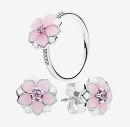 Pink flower Cute Jewellery sets Ring and Stud Earring with Original box for p 925 Sterling Silver Rings Earrings set for Women Girls1712781