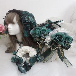 Party Masks Girl Design Lolita Lace Hairpins Dark Green Flower Pearl Cross Gothic Women Costume Necklace Headband Cosplay Headpiec249v