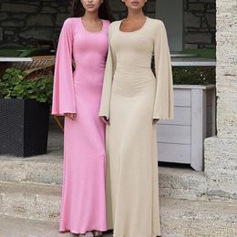 Casual Dresses Women Dress Solid Color A-line Elegant U Neck Long Sleeve Maxi With Lace Up Back Strap Slim Fit For