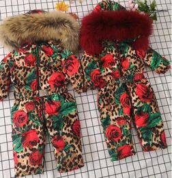 Down Coat Real Fur Hooded 2023 Winter Jacket Child Jackets Children Jumpsuit Snow Suit Girl Floral Overall Romper Ski Suits Outerwear