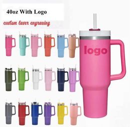 With Logo 40oz stainless steel tumblers Cups with handle straws Clear Frosted Lids Hot Pink Car mugs outdoor tumbler vacuum insulated drinking water bottles 1213