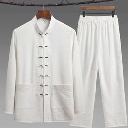 Ethnic Clothing Men Hand Button Tang Suit Shirt Pants Cotton And Linen Vintage Mandarin Collar Tai Chi Kong Fu Long Sleeve Cheongsam 231212
