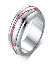 Engraving 8mm Red Stiching Baseball Sport Spinner Rings in Stainless Steel1284621