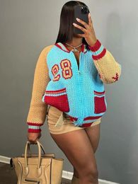 Women's Knits Tees Weird Puss Knit Zipper Women Sweater Pocket DecorationContrast Colour Streetwear y2k Autumn Losse Fit Casual Baseball Uniforms 231213