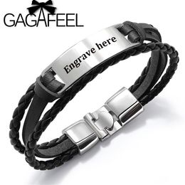 GAGAFEEL 4 Colours Custom Engrave Bangle For Men Punk Multilayer Bracelet Stainless Steel PU Leather Bangle Special Gift For Male3189