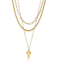 Chains Women Necklace Stack Set Layered Gold Colour Stainless Steel Paperclip Wheat Satellite Link Chain 3pcs Tiny Charm LDN2534315276