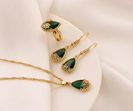 Pendant Necklace Earrings Ring 24K Fine Gold GF Water Drop green Crystal Jewellery Set cz big Rec Gem with 1852895