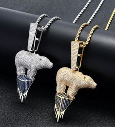 14K Gold Iced Out Polar Bear environmental theme Cz Bling Pendant Mens Hip Hop Micro Pave Cubic Zirconia Simulated Diamonds9452684