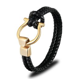 Charm Armbänder Männer Schmuck Punk Schwarz Geflochtenes Echtes Leder Armband Edelstahl Anker Schnalle Mode Armreifen Geschenk Drop Delive Ote8Y