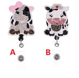 Cute Key Ring Animal COW Rhinestone Retractable ID Holder For Nurse Name Accessories Badge Reel With Alligator Clip7894074