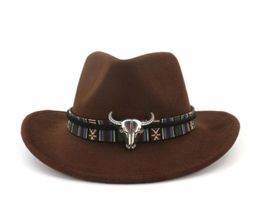 2021 Wide Brim Western Cowboy Jazz Hat Cap Men Women Wool Felt Fedora Hats Ribbon Metal Bullhead Decorated Black Panama Cap31191512513313