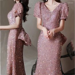 Ethnic Clothing Fashionable Female Evening Party Dress Bling Sequin Bow Formal Qipao Sexy V-Neck Slim Vestidos De Festa Prom