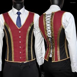 Men's Body Shapers Corset Vest Tummy Control Vintage Waistcoat Handmade Quality Gold Floral Print Shaping Tops Lace Up Boned Costume V Neck