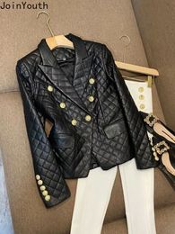 Women's Jackets Streetwear Black Coat Women Vintage Leather PU Tunic Outwear Double Breasted Slim Fit Temperament Tops 2023 Ropa Mujer 231213
