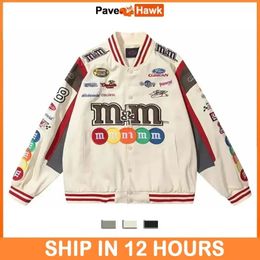 Men's Jackets Bomber Jacket Men Women Hip Hop M M Embroidery Motorcycle Loose Baseball Coat Casual High Quality Street Racing Varsity Outwear 231212