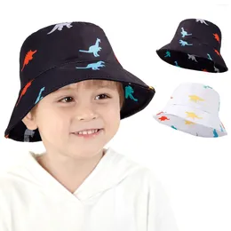 Berets Children Bucket Hats Summer Solid Sunhat Baby Boys Girls Cartoon Dinosaur Sunshade Outdoor Beach Fishing Caps For 0-3Y